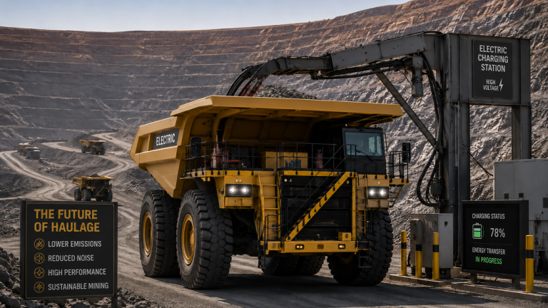 Electric mining trucks charging infrastructure at open pit mine