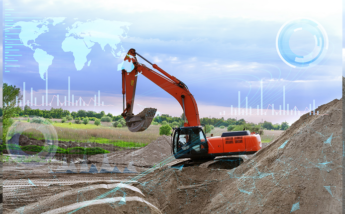 Excavator working on an earthmoving jobsite with digital data overlay representing heavy equipment technology, rental demand, and market intelligence.