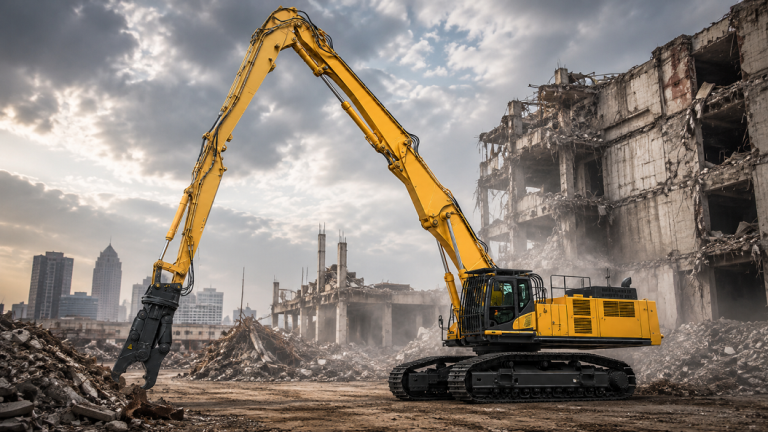 High-reach demolition excavator working on urban demolition site