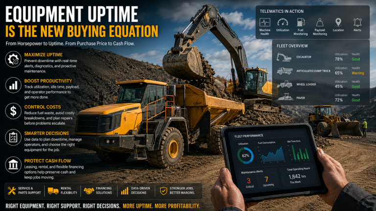 Heavy equipment uptime and cash flow planning with telematics, service support, rental, parts availability, and jobsite productivity