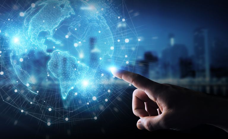 Global digital network representing HEPLANET weekly heavy equipment market intelligence, auctions, fuel costs, mining, construction, rental, and fleet strategy