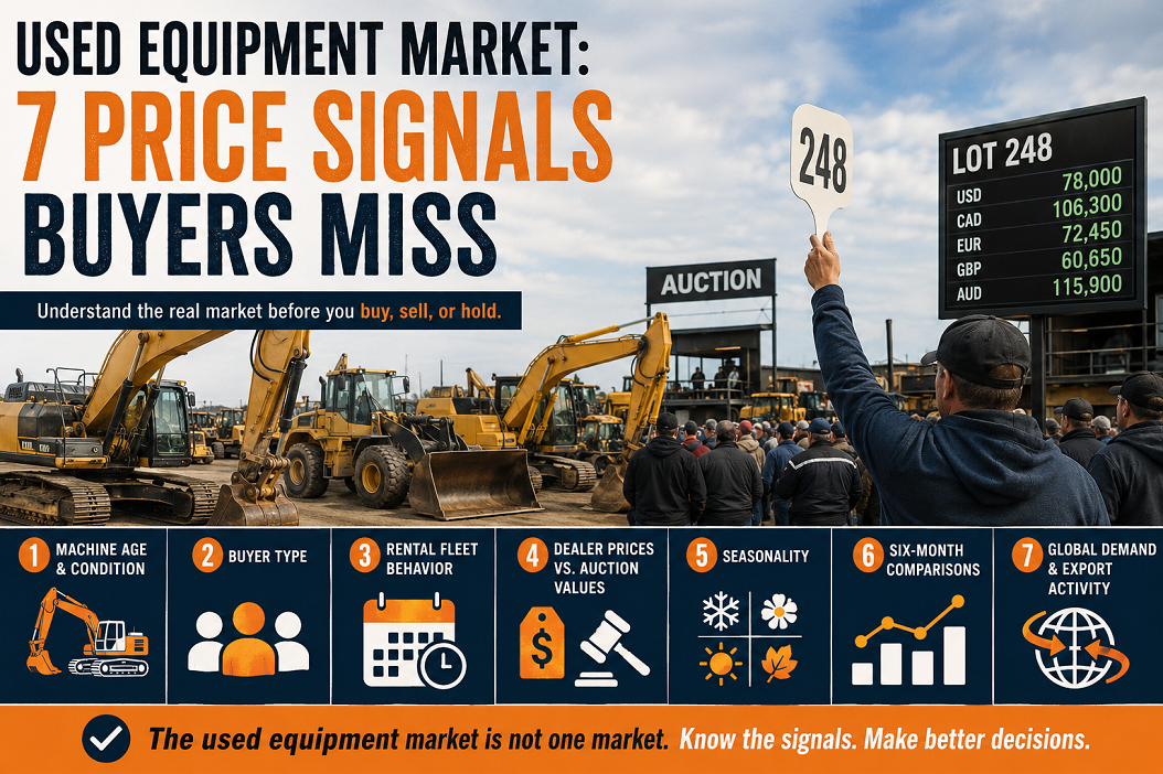 Used equipment market auction with excavators wheel loaders bidders and price signals buyers miss