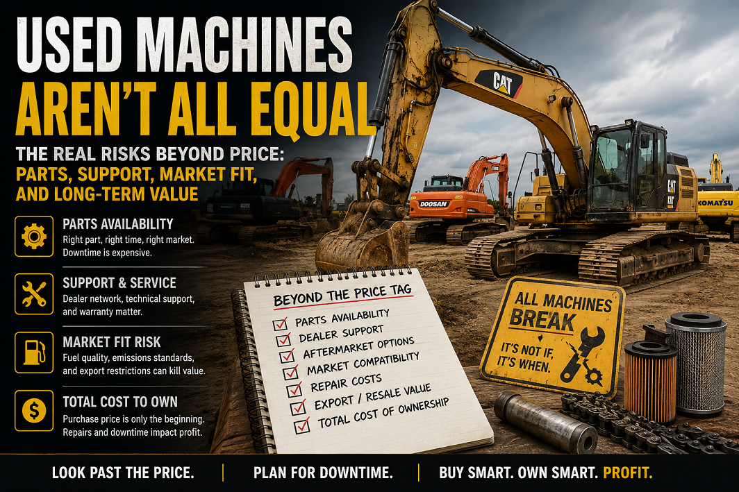 Used heavy equipment showing why parts availability, dealer support, repair cost, market fit, and downtime affect resale value