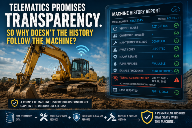Heavy equipment telematics record showing machine hours, repairs, fault codes, damage history, and reporting gaps