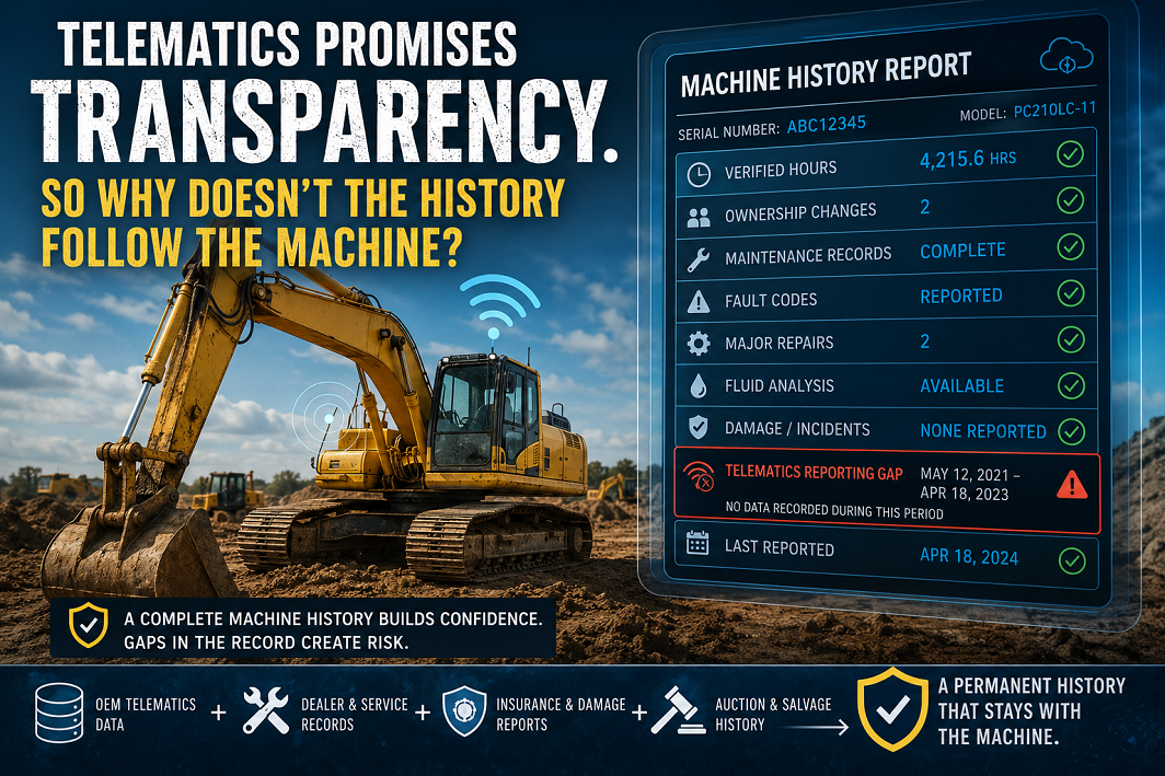 Heavy equipment telematics record showing machine hours, repairs, fault codes, damage history, and reporting gaps