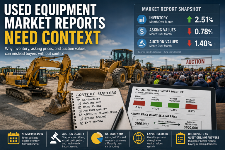 Used equipment market reports comparing excavator and wheel loader inventory, asking prices, and auction values