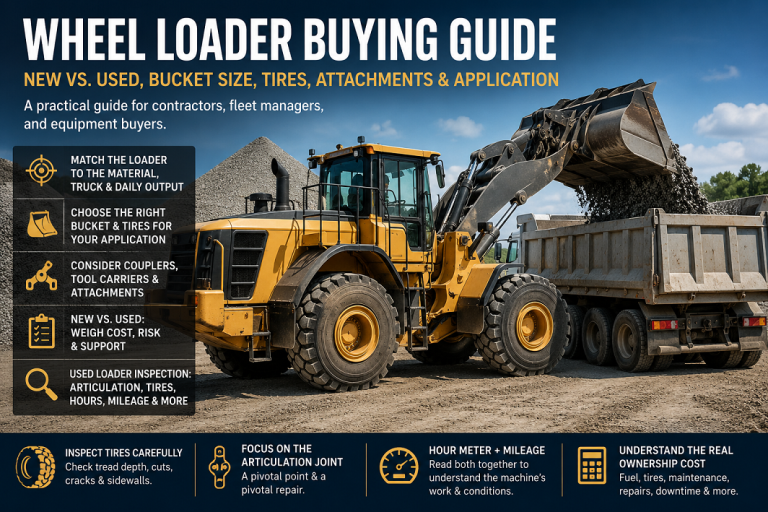 Wheel loader buying guide showing standard loader bucket tires and truck loading