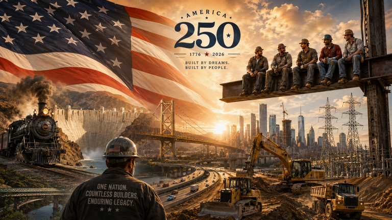 Patriotic America 250 tribute showing the American flag, construction workers, railroads, highways, skyscrapers, power lines, heavy equipment, and infrastructure built by American workers.